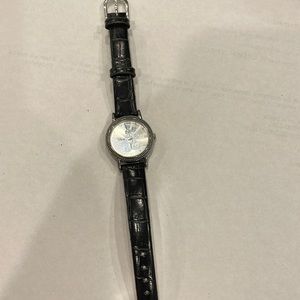 Disney SII Woman's Silver Tone Mickey Mouse Watch Black Leather Band MC0311 25mm